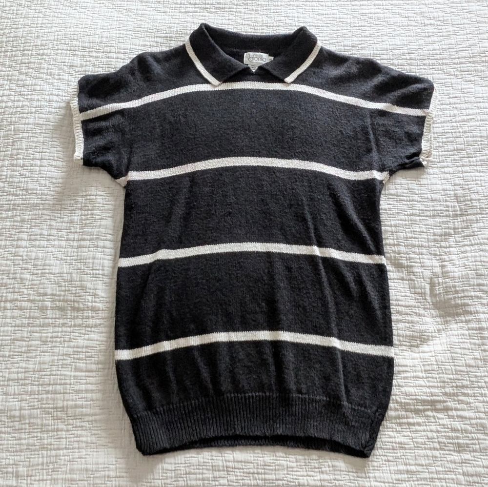 Rafaella Collared Short Sleeve Black &  White Stripe Linen Cotton Sweater Size S